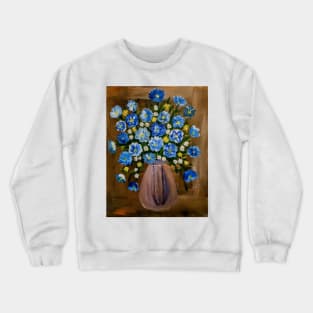 Some blue corn flowers and white and yellow daisy's flowers in a metallic vase Crewneck Sweatshirt